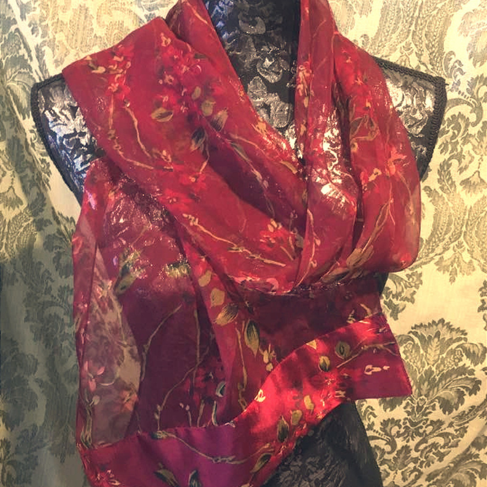 Burgundy Floral Crepe Scarf with Matching Silky Ends